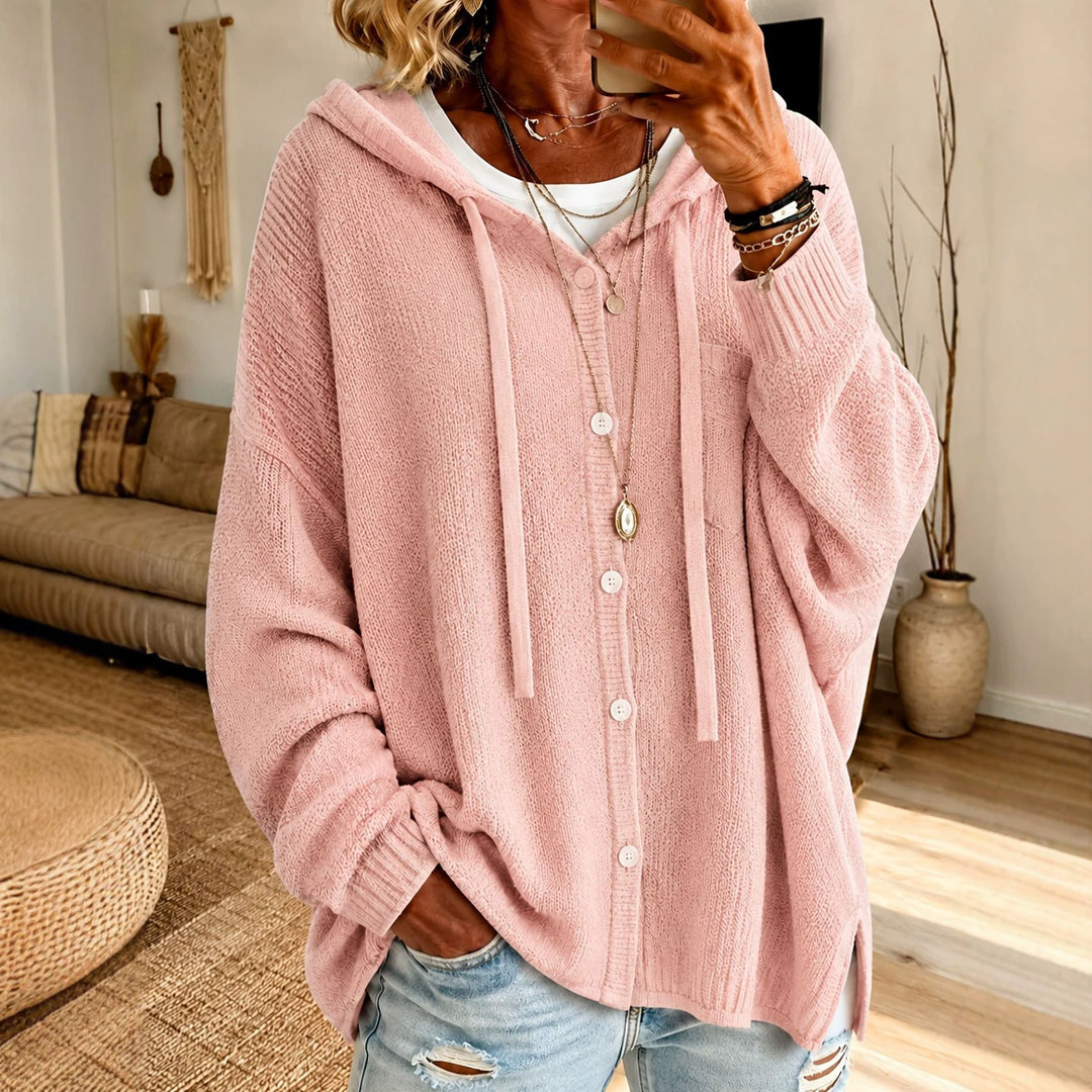 Damen Kapuzen-Cardigan aus strukturiertem Feinstrick mit Knopfleiste Drune