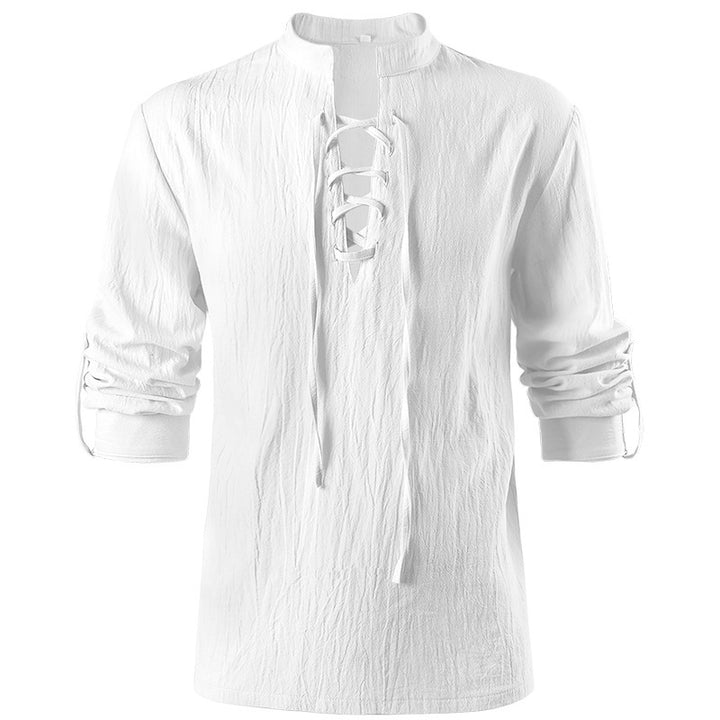 Herren nan lässiges Kurzarmshirt mit geschnürter V-Kehle, kurzem Stehkragen und weichem Baumwollmix Drune