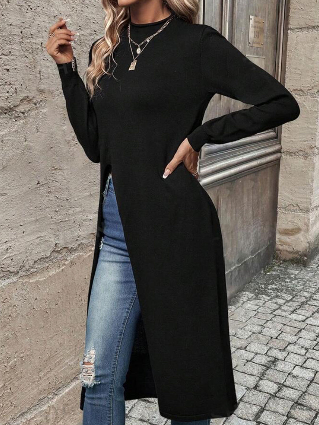 Damen elegantes Strickkleid mit seitlichen Schlitzen Drune