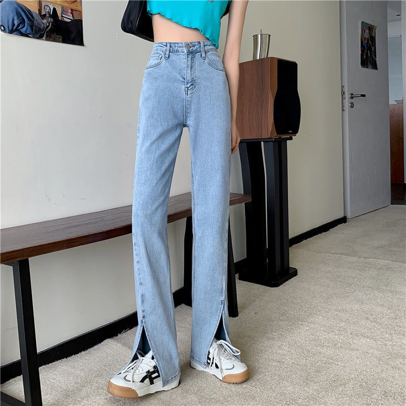 Damen Hochtaillierte Denimhose mit Seitenschlitzen Drune