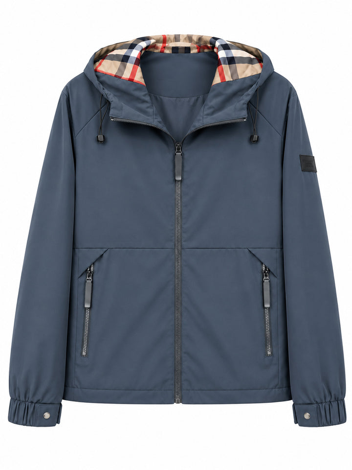 Herren leichte winddichte Softshell‑Kapuzenjacke mit kariert gefütterter Kapuze Drune