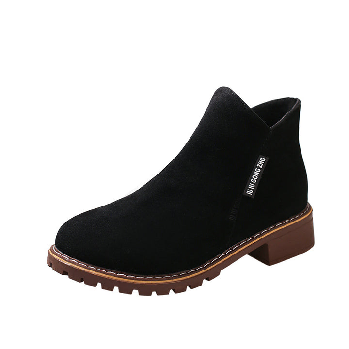 Damen nan knöchelhohe Velourslederimitat-Stiefelette mit robuster Traktorsohle und Komfortabsatz Drune