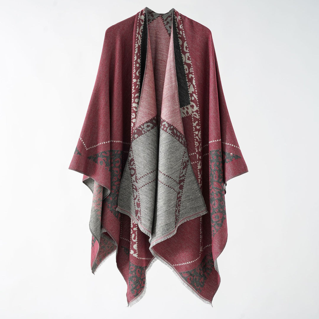 Damen Wendbarer Doubleface-Stola-Poncho aus Wollmix mit feinem Fransenrand Drune