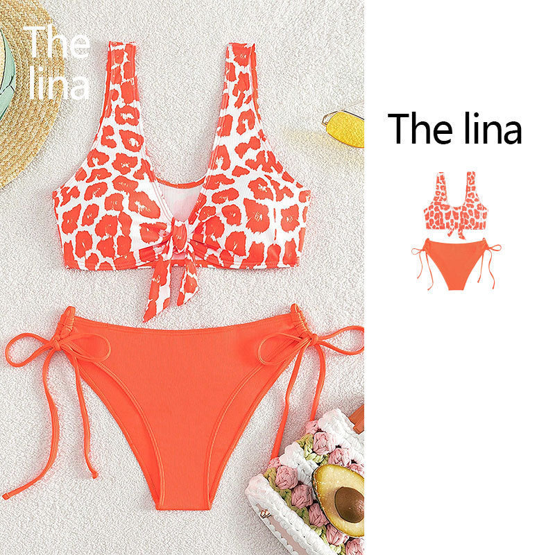 Damen Triangel-Bikini Set mit verspieltem Leopardenmuster und praktischen Bindebändern Drune