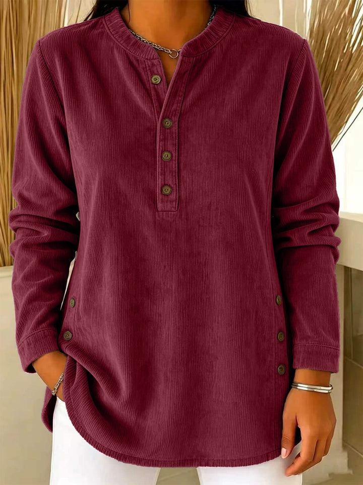 Damen Lässige Cordoptik‑Tunika mit Henley‑Kragen und Seitenknöpfen Drune