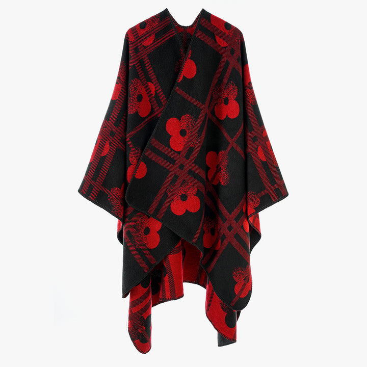 Damen Reversibler Jacquard-Poncho aus Wollmix mit floralem Karo‑Motiv und Zierkettelnaht Drune