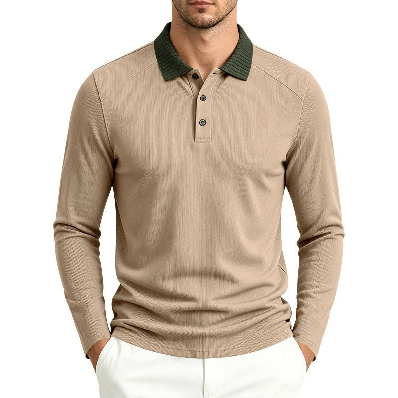 Herren Langarm-Polo aus feinem Rippstrick mit Kontrastkragen und Knopfleiste Drune