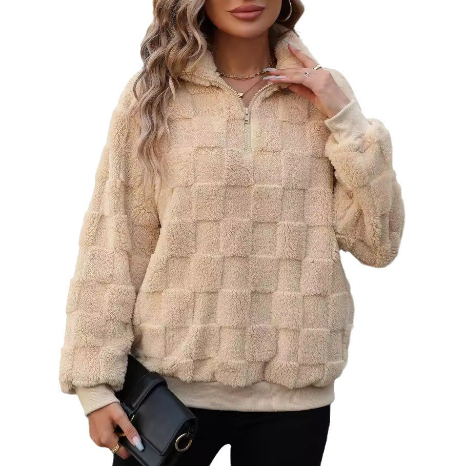 Damen Oversize Fleece-Pullover mit Zipper und Struktur Drune