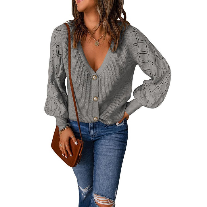 Damen Strickcardigan mit V-Ausschnitt, Zierknopfleiste und Ajourballonärmeln Drune