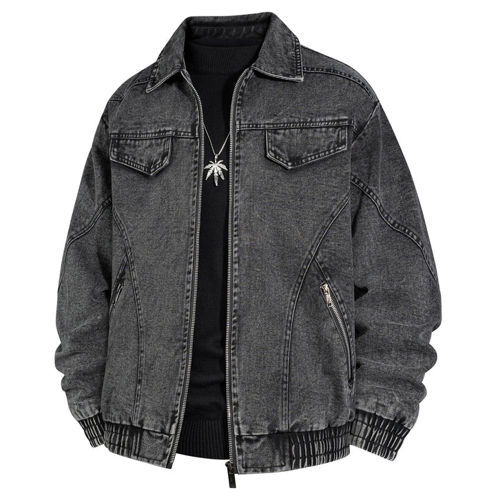 Herren Übergroße Jeans-Bomberjacke mit Stone-Wash, Reißverschluss und geripptem Saum Drune