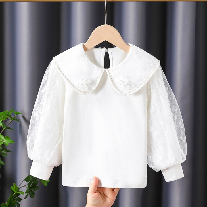 Damen Bluse mit dekorativen Blumenapplikationen und transparenten Puffärmeln Drune