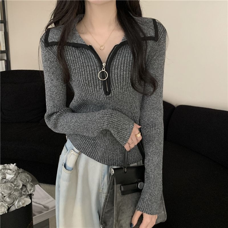 Damen modischer Zip-Pullover mit Rippstruktur Drune