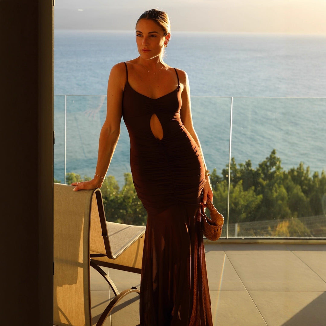 Damen Elegantes Langarm-Maxikleid mit transparentem Rock Drune