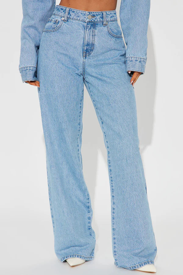 Damen nan hochgeschnittene Weitbein-Jeans mit taillierendem Bund, klassischem Five‑Pocket‑Schnitt und fließendem Bein Drune