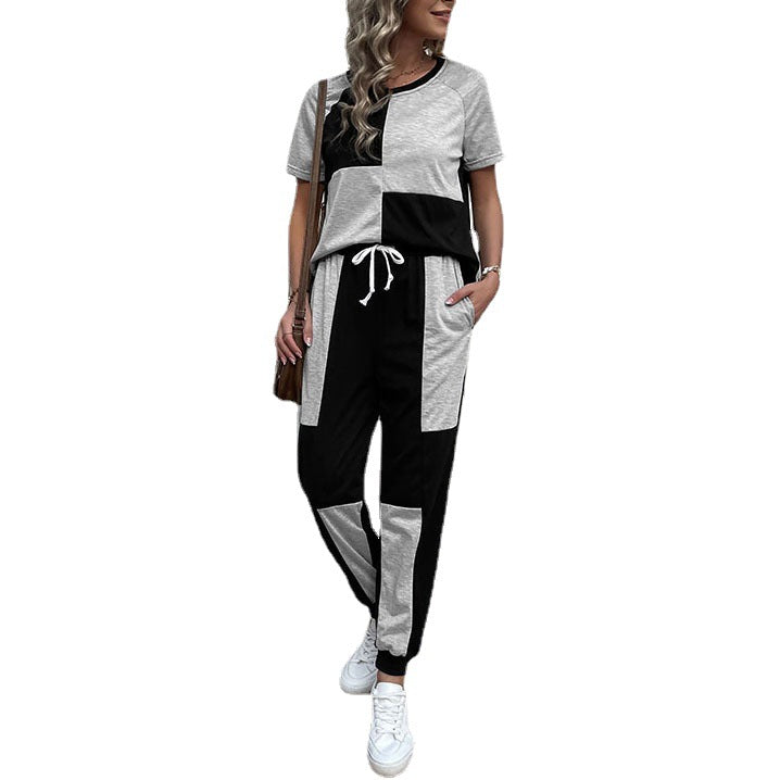 Damen Zweiteiler Freizeit-Set aus Baumwollmix mit Colorblock-Shirt und Jogginghose Drune