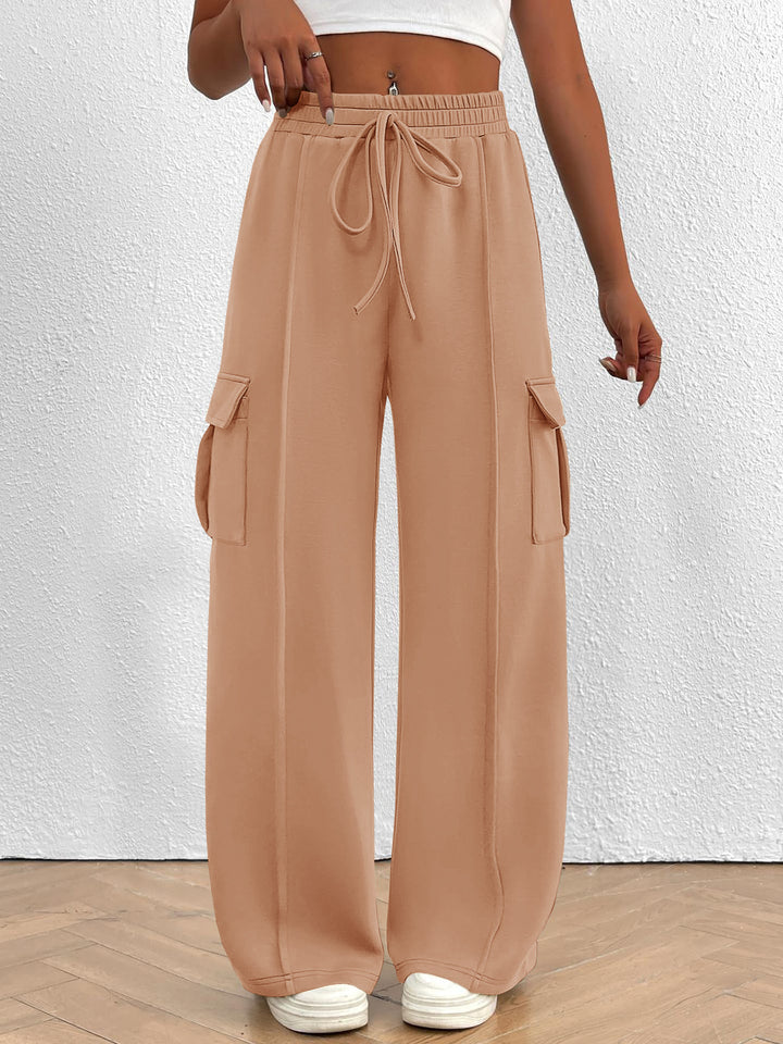 Damen Weite Cargo-Loungehose mit Tunnelzugbund und aufgesetzten Pattentaschen Drune