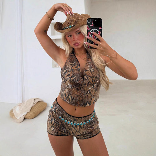 Damen Set aus schimmerndem Top und kurzen Shorts im Animal-Print Drune