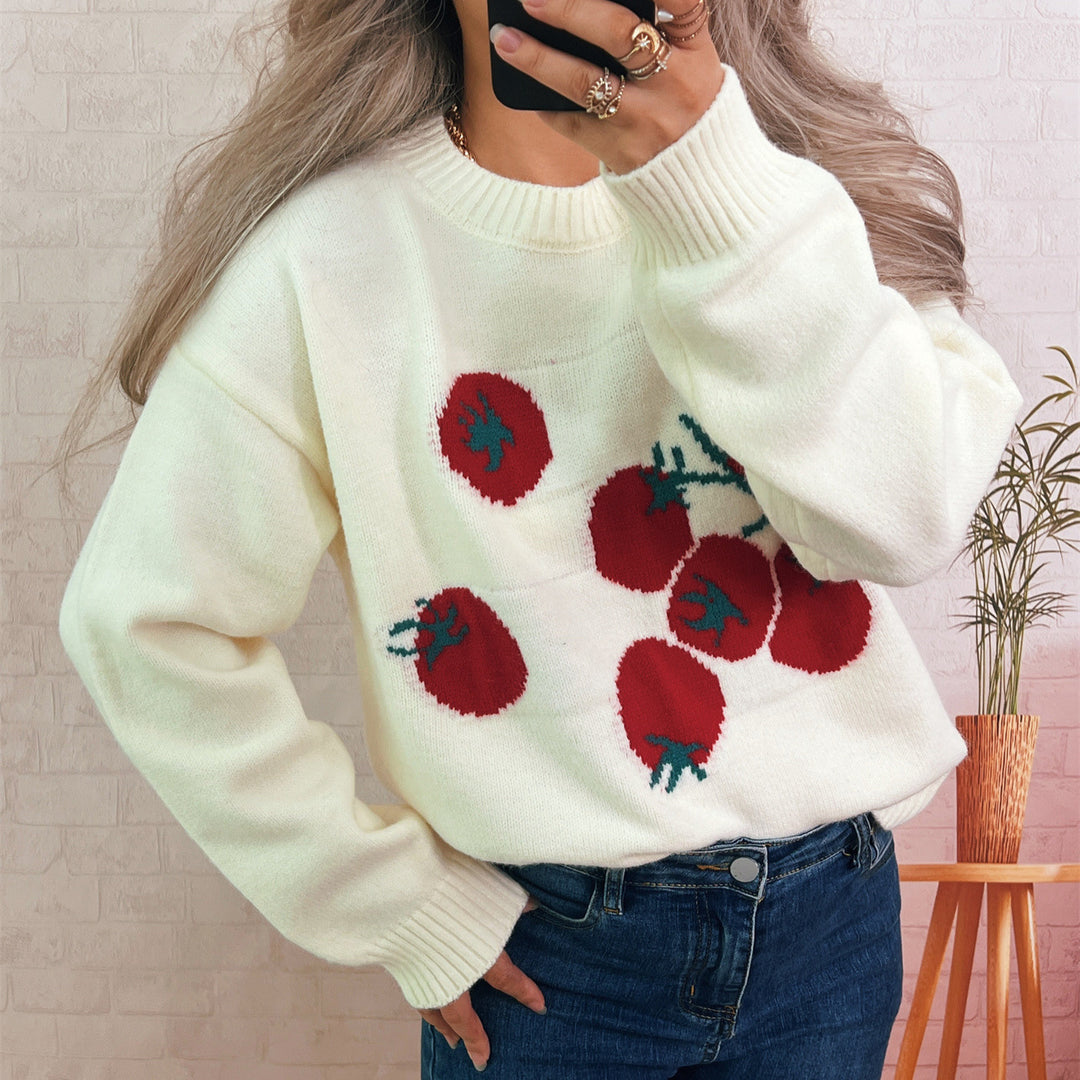 Damen Strickpullover mit verspieltem Tomatenmotiv und lässigem Schnitt Drune