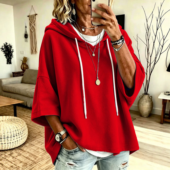 Damen Kurzarm-Oversize-Hoodie mit Kapuze und Kontrastkordel Drune