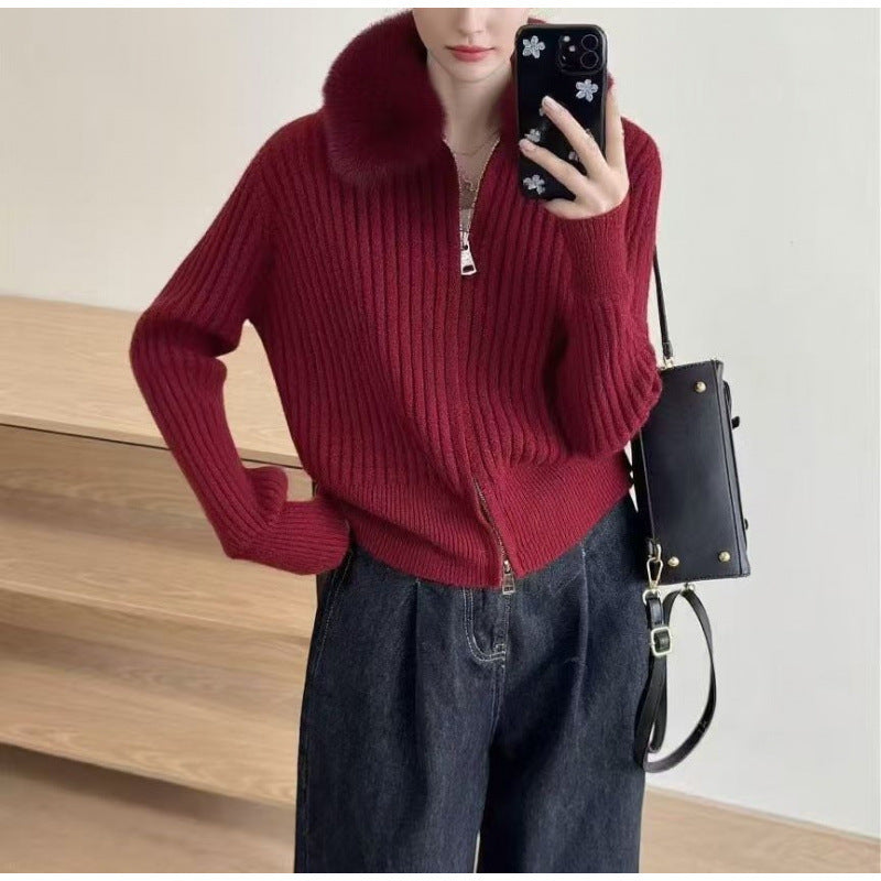Damen Strickjacke mit hochwertigem Kunstfellkragen und eleganter Rippstruktur Drune