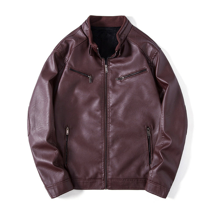 Herren Elegante Kunstleder‑Blousonjacke mit Stehkragen, Reißverschlusstaschen und wärmendem Innenfutter Drune