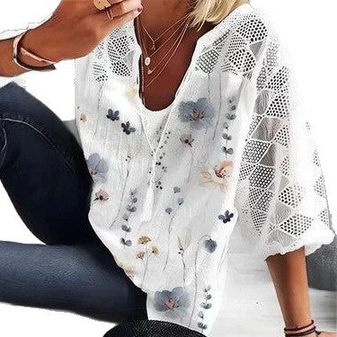 Damen nan V-Ausschnitt-Tunika mit Ajourstrick-Ärmeln und dezentem Aquarell-Blumenprint Drune