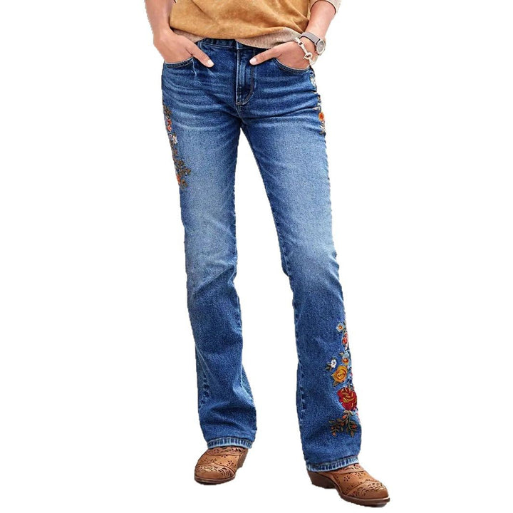 Damen Bootcut-Jeans mit seitlicher Blumenstickerei und komfortablem Stretchbund Drune