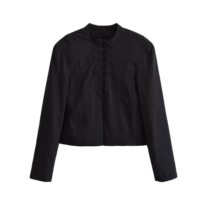 Damen Kurze Taillierte Blousonjacke mit Stehkragen, dekorativen Schlaufen und Teilungsnähten Drune