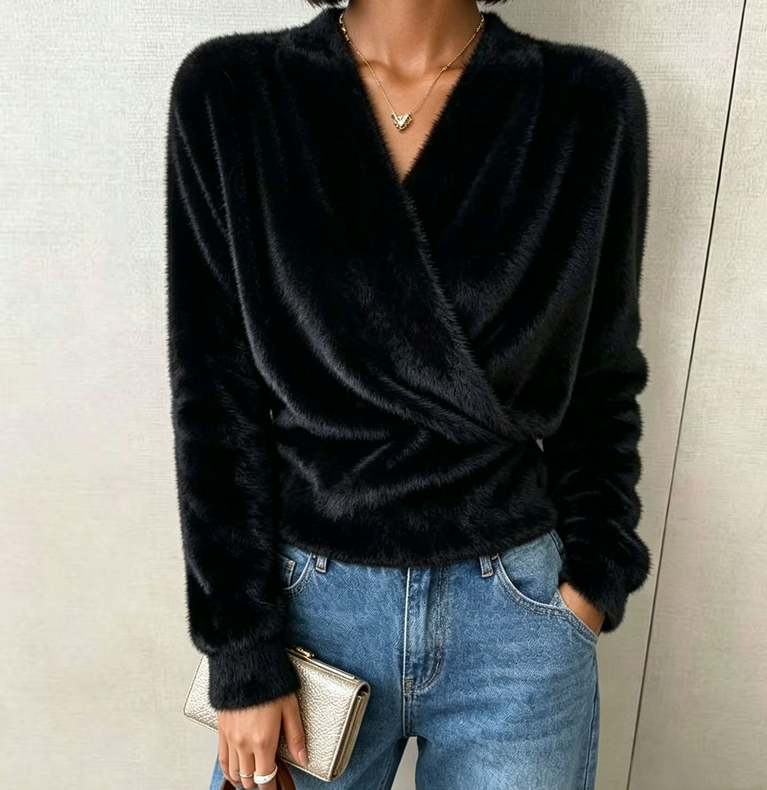 Damen Kuscheliger Wickel‑Pullover aus Faux‑Fur mit tiefem V‑Ausschnitt Drune