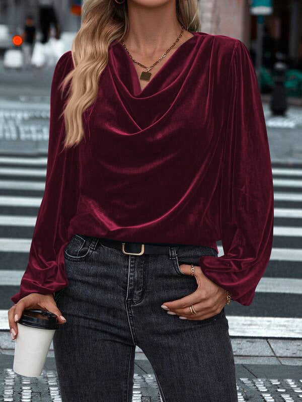 Damen Drapiertes Samtblusenshirt mit Wasserfall‑Ausschnitt und Puffschultern Drune