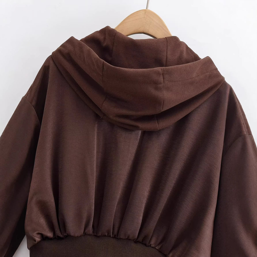 Damen Cropped Kapuzenjacke mit Reißverschluss, übergroßen Ärmeln und breitem Rippbund Drune