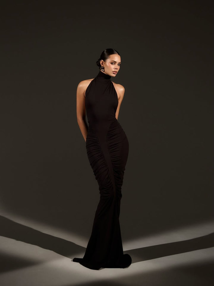 Damen Elegantes Leopardenmuster Maxikleid mit hohen Kragen und raffinierten Schnitten Drune
