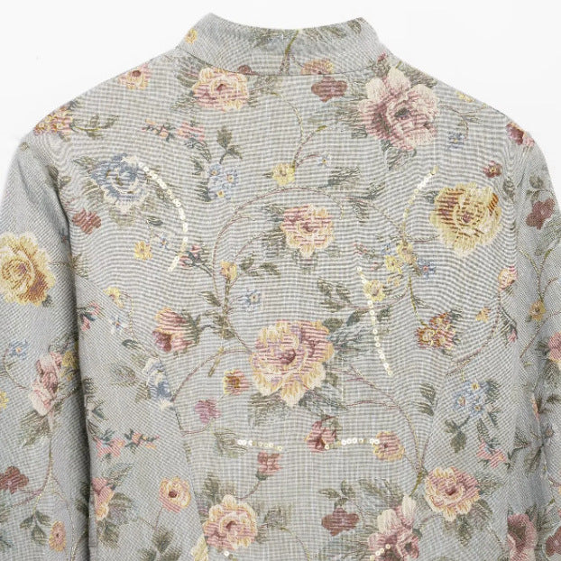 Damen Cropped gesteppte Blousonjacke mit botanischem Blumenprint und Mandarin‑Stehkragen Drune