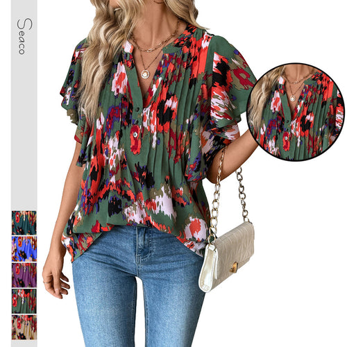 Damen Bluse mit eleganten Rüschendetails und verspieltem Print Drune