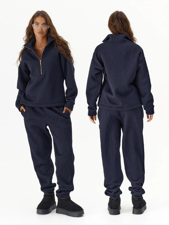 Damen Zopfstrick-Lounge-Set mit halbem Reißverschluss und hochtaillierter Jogginghose Drune