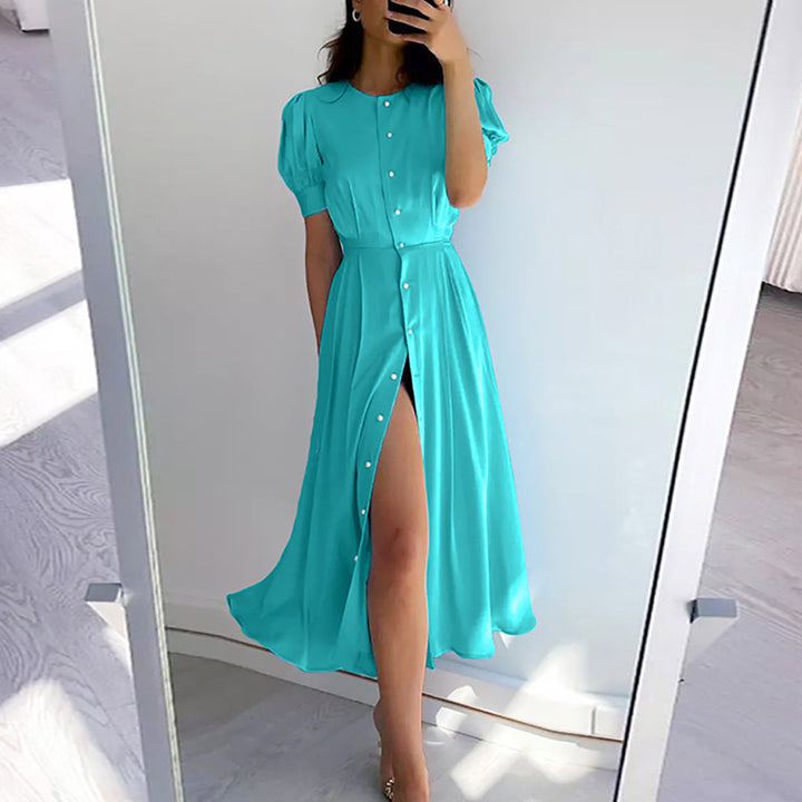 Damen Maxikleid mit knöpfbarem Dekolleté und seitlichem Schlitz Drune