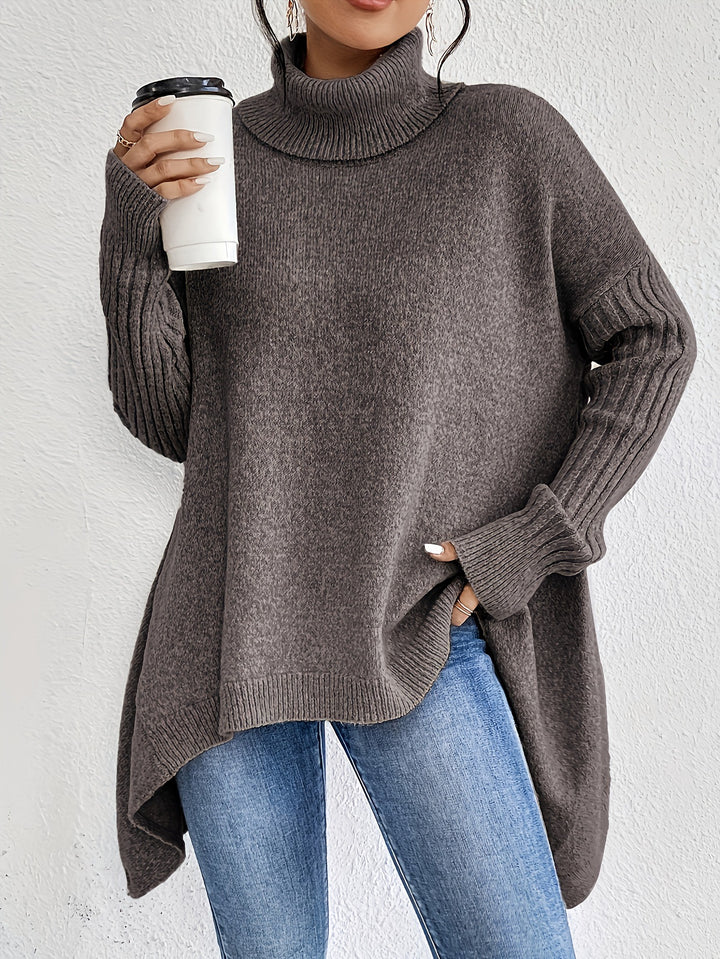 Damen nan Oversize Strickpullover mit hohem Rollkragen, gerippten Ärmeln und asymmetrischem Saum Drune