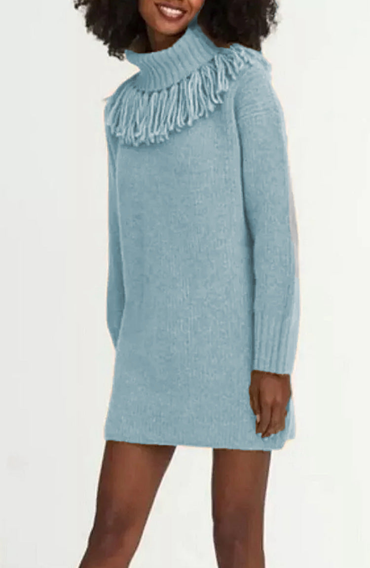 Damen Strickkleid mit Fransenkragen und gerippten Ärmeln Drune
