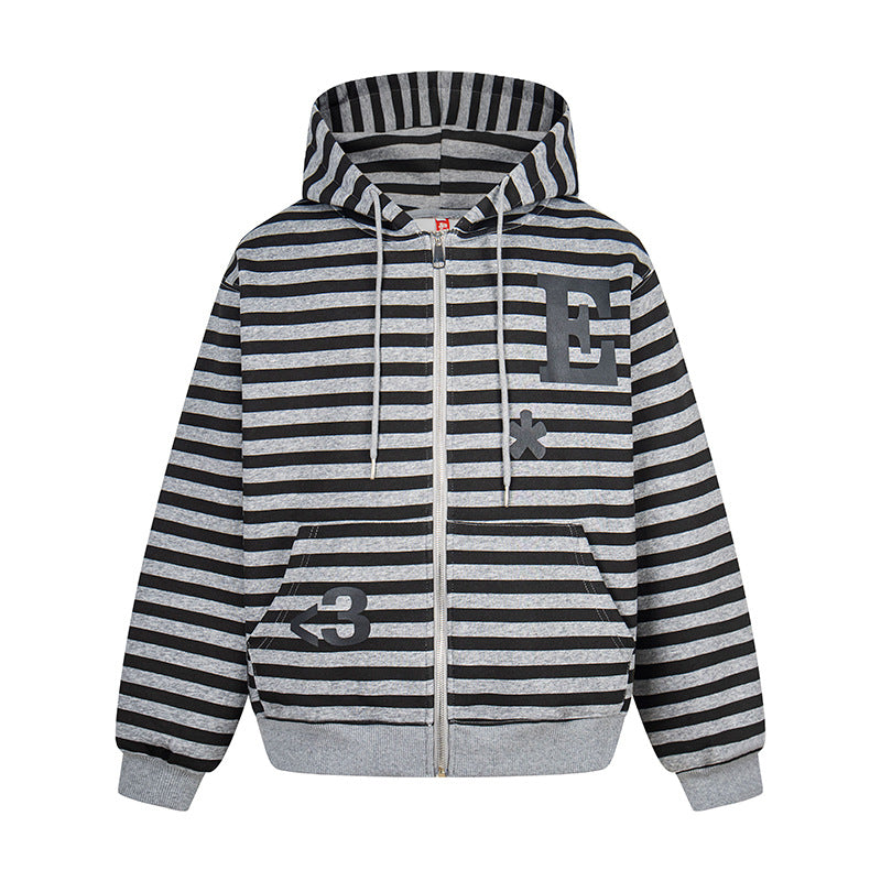 Damen Kapuzen-Sweatjacke im Oversize-Streifenlook mit durchgehendem Reißverschluss und typografischem Frontprint Drune