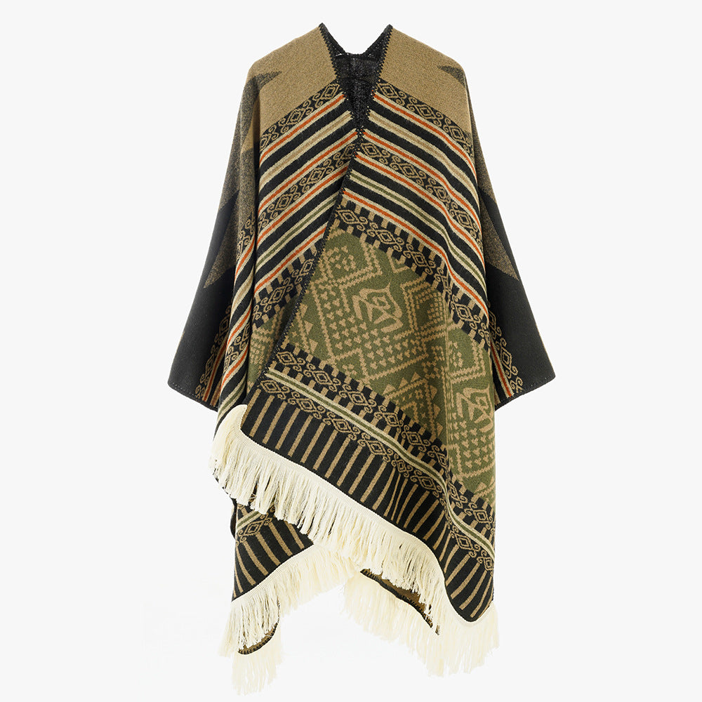 Damen Ethno-Jacquard Cape aus Wollmix mit asymmetrischem Saum, V-Ausschnitt und Fransen Drune
