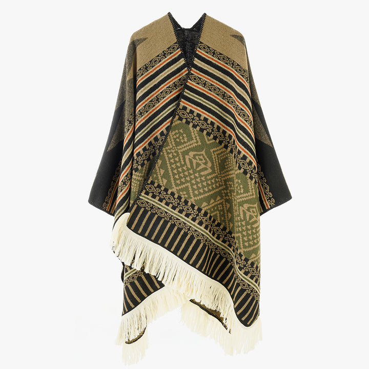 Damen Ethno-Jacquard Cape aus Wollmix mit asymmetrischem Saum, V-Ausschnitt und Fransen Drune