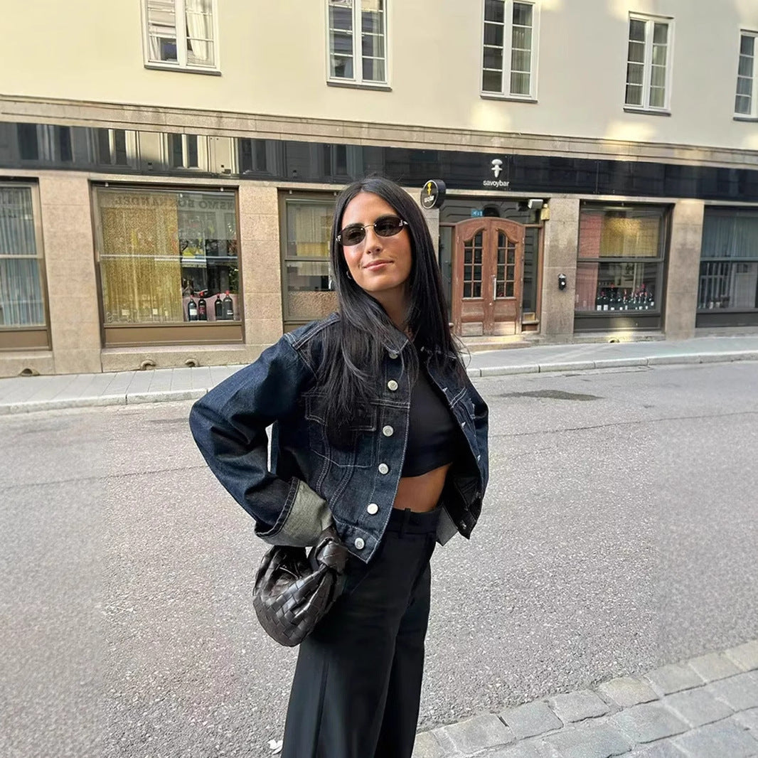 Damen 1700+ Cropped Jeansjacke mit überlangen Umschlagmanschetten und kastiger Silhouette Drune