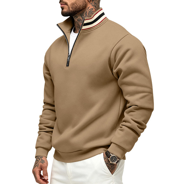 Herren Sweatpullover mit halbem Reißverschluss und gestreiftem Stehkragen Drune