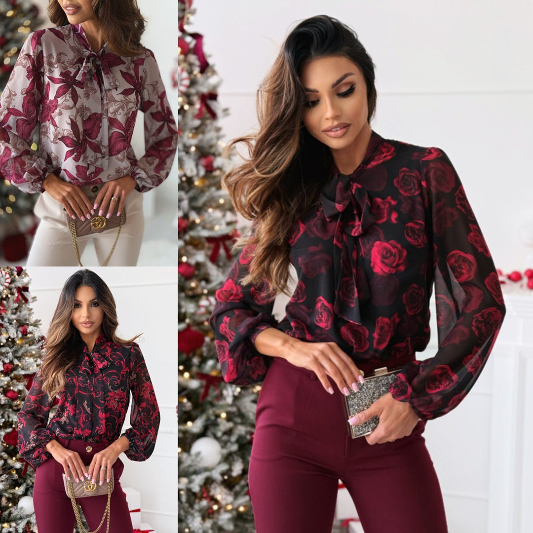 Damen Elegante Bluse mit Schleifenkragen und floralen Mustern Drune
