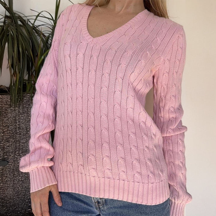 Damen nan Premium-Baumwollmix Zopfstrickpullover mit tiefem V-Ausschnitt und taillierter Silhouette Drune
