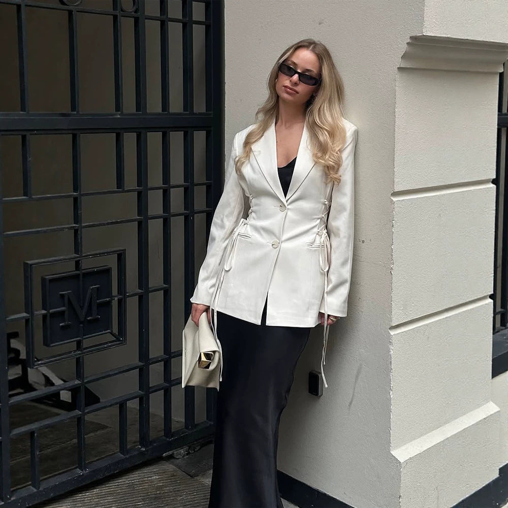 Damen taillierter Blazer mit tiefem V‑Ausschnitt, Zipperfront und Kordelzug-Detail Drune