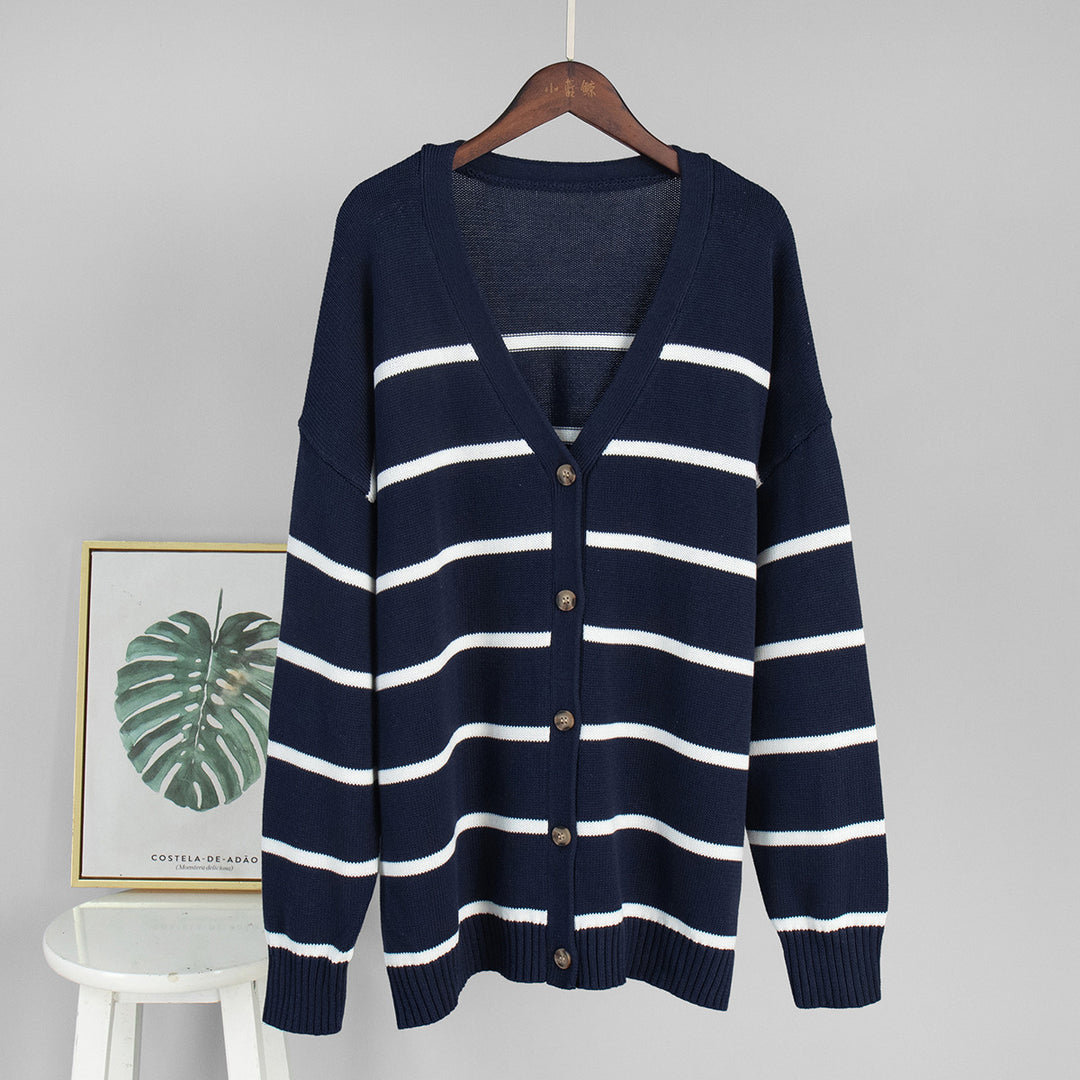 Damen Strickcardigan mit V-Ausschnitt und groben Streifen Drune