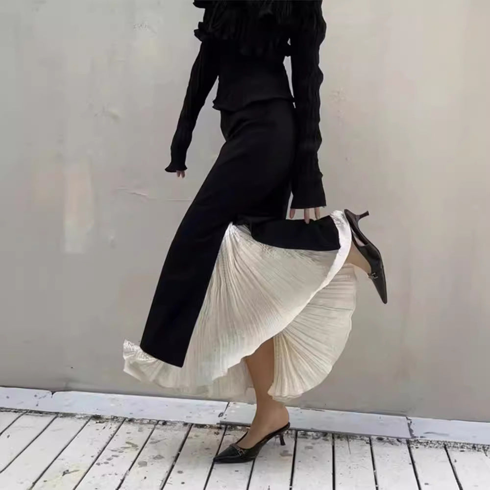 Damen Elegante Maxi-Rock mit seitlichen Schlitzen und Lagenlook Drune