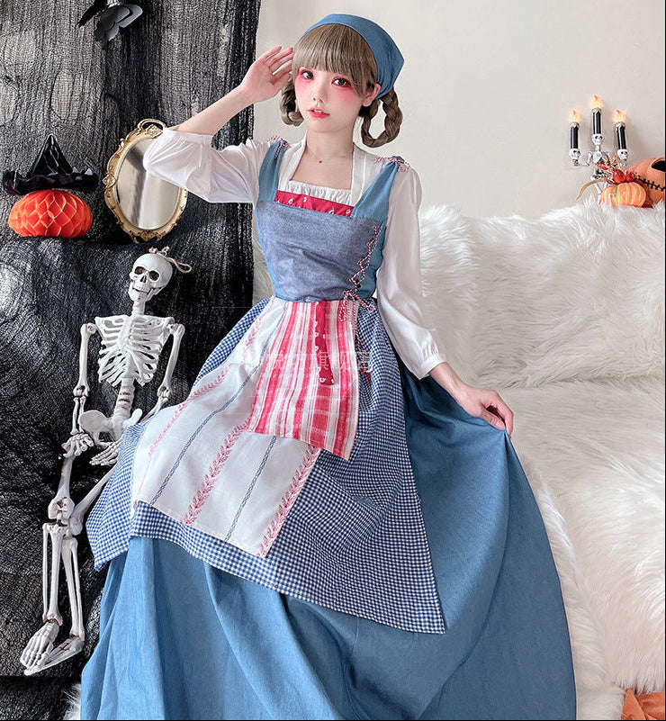 Damen Vintage Schürzenkleid mit fließendem Rock und zarten Rüschendetails Drune