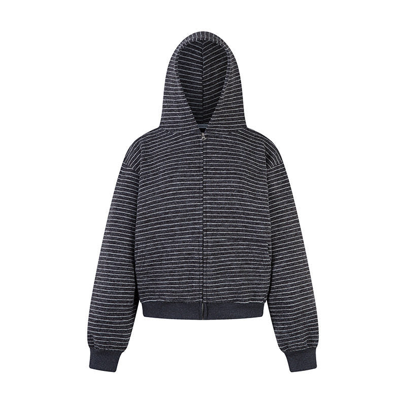 Damen Kurz geschnittene Kapuzen‑Zipjacke mit horizontalem Streifenrelief und elastischem Bund Drune